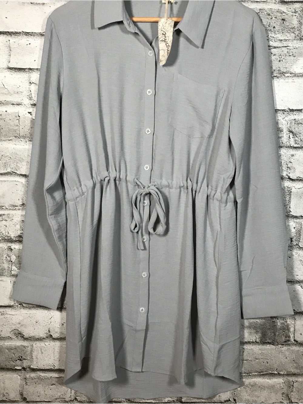 NWT Mystree long-sleeve utility shirt dress in a soft gray hue.